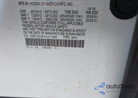 2019 Acura Mdx Advance Pkg from USA, damaged, VIN 5J8YD4H81KL011830